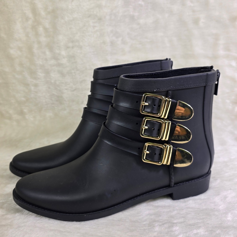 Loeffler Randall Fenton Rain Boots Duck Black Gold Buckle Moto Women  7